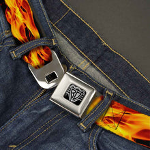 Load image into Gallery viewer, BD Wings Logo CLOSE-UP Full Color Black Silver Seatbelt Belt - Flames Vivid Black/Orange Webbing