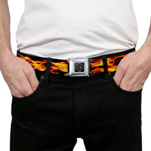 Load image into Gallery viewer, BD Wings Logo CLOSE-UP Full Color Black Silver Seatbelt Belt - Flames Vivid Black/Orange Webbing
