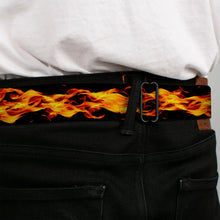Load image into Gallery viewer, BD Wings Logo CLOSE-UP Full Color Black Silver Seatbelt Belt - Flames Vivid Black/Orange Webbing