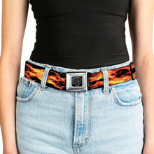 Load image into Gallery viewer, BD Wings Logo CLOSE-UP Full Color Black Silver Seatbelt Belt - Flames Vivid Black/Orange Webbing