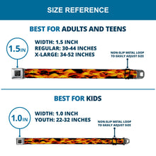 Load image into Gallery viewer, BD Wings Logo CLOSE-UP Full Color Black Silver Seatbelt Belt - Flames Vivid Black/Orange Webbing