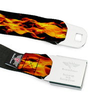 Load image into Gallery viewer, BD Wings Logo CLOSE-UP Full Color Black Silver Seatbelt Belt - Flames Vivid Black/Orange Webbing