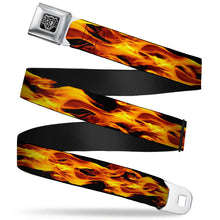 Load image into Gallery viewer, BD Wings Logo CLOSE-UP Full Color Black Silver Seatbelt Belt - Flames Vivid Black/Orange Webbing