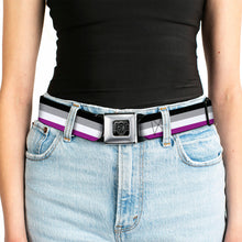 Load image into Gallery viewer, BD Wings Logo CLOSE-UP Full Color Black Silver Seatbelt Belt - Flag Asexual Black/Gray/White/Purple Webbing