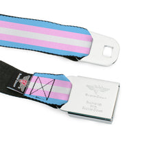 Load image into Gallery viewer, BD Wings Logo CLOSE-UP Full Color Black Silver Seatbelt Belt - Flag Transgender Baby Blue/Baby Pink/White Webbing