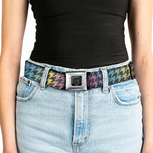Load image into Gallery viewer, BD Wings Logo CLOSE-UP Full Color Black Silver Seatbelt Belt - Houndstooth Black/Rainbow Webbing