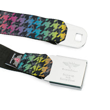 Load image into Gallery viewer, BD Wings Logo CLOSE-UP Full Color Black Silver Seatbelt Belt - Houndstooth Black/Rainbow Webbing