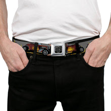 Load image into Gallery viewer, BD Wings Logo CLOSE-UP Full Color Black Silver Seatbelt Belt - Hot Rod w/Flames Webbing