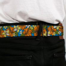 Load image into Gallery viewer, BD Wings Logo CLOSE-UP Full Color Black Silver Seatbelt Belt - Hibiscus Collage Blue/Orange/Yellow Webbing