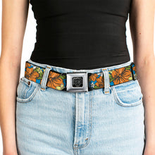 Load image into Gallery viewer, BD Wings Logo CLOSE-UP Full Color Black Silver Seatbelt Belt - Hibiscus Collage Blue/Orange/Yellow Webbing
