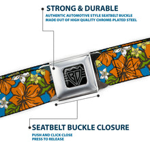 Load image into Gallery viewer, BD Wings Logo CLOSE-UP Full Color Black Silver Seatbelt Belt - Hibiscus Collage Blue/Orange/Yellow Webbing