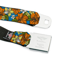Load image into Gallery viewer, BD Wings Logo CLOSE-UP Full Color Black Silver Seatbelt Belt - Hibiscus Collage Blue/Orange/Yellow Webbing