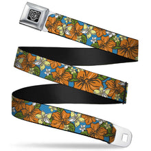 Load image into Gallery viewer, BD Wings Logo CLOSE-UP Full Color Black Silver Seatbelt Belt - Hibiscus Collage Blue/Orange/Yellow Webbing