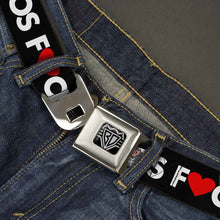 Load image into Gallery viewer, BD Wings Logo CLOSE-UP Full Color Black Silver Seatbelt Belt - LOS F*CKIN' ANGELES Heart Black/White/Red Webbing