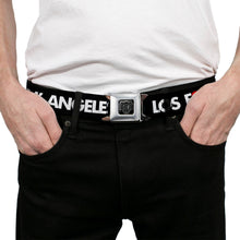 Load image into Gallery viewer, BD Wings Logo CLOSE-UP Full Color Black Silver Seatbelt Belt - LOS F*CKIN' ANGELES Heart Black/White/Red Webbing
