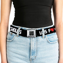 Load image into Gallery viewer, BD Wings Logo CLOSE-UP Full Color Black Silver Seatbelt Belt - LOS F*CKIN' ANGELES Heart Black/White/Red Webbing