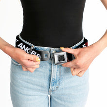 Load image into Gallery viewer, BD Wings Logo CLOSE-UP Full Color Black Silver Seatbelt Belt - LOS F*CKIN' ANGELES Heart Black/White/Red Webbing
