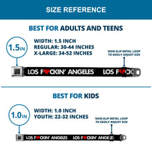 Load image into Gallery viewer, BD Wings Logo CLOSE-UP Full Color Black Silver Seatbelt Belt - LOS F*CKIN' ANGELES Heart Black/White/Red Webbing
