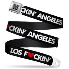 Load image into Gallery viewer, BD Wings Logo CLOSE-UP Full Color Black Silver Seatbelt Belt - LOS F*CKIN' ANGELES Heart Black/White/Red Webbing