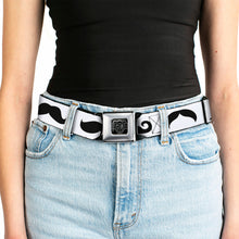 Load image into Gallery viewer, BD Wings Logo CLOSE-UP Full Color Black Silver Seatbelt Belt - Mustaches Straight White/Black Webbing