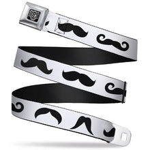 Load image into Gallery viewer, BD Wings Logo CLOSE-UP Full Color Black Silver Seatbelt Belt - Mustaches Straight White/Black Webbing