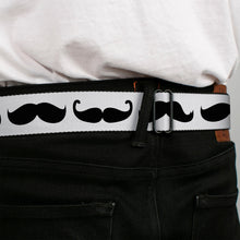 Load image into Gallery viewer, BD Wings Logo CLOSE-UP Full Color Black Silver Seatbelt Belt - Mustache Trio White/Black Webbing