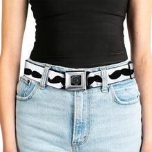 Load image into Gallery viewer, BD Wings Logo CLOSE-UP Full Color Black Silver Seatbelt Belt - Mustache Trio White/Black Webbing