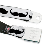 Load image into Gallery viewer, BD Wings Logo CLOSE-UP Full Color Black Silver Seatbelt Belt - Mustache Trio White/Black Webbing