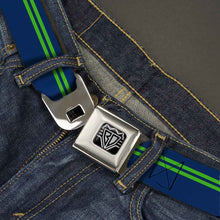 Load image into Gallery viewer, BD Wings Logo CLOSE-UP Full Color Black Silver Seatbelt Belt - Racing Stripe Navy/Bright Green Webbing