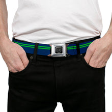 Load image into Gallery viewer, BD Wings Logo CLOSE-UP Full Color Black Silver Seatbelt Belt - Racing Stripe Navy/Bright Green Webbing