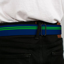 Load image into Gallery viewer, BD Wings Logo CLOSE-UP Full Color Black Silver Seatbelt Belt - Racing Stripe Navy/Bright Green Webbing