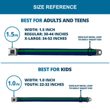 Load image into Gallery viewer, BD Wings Logo CLOSE-UP Full Color Black Silver Seatbelt Belt - Racing Stripe Navy/Bright Green Webbing