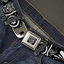 Load image into Gallery viewer, BD Wings Logo CLOSE-UP Full Color Black Silver Seatbelt Belt - Sugar Skulls Black/White Webbing