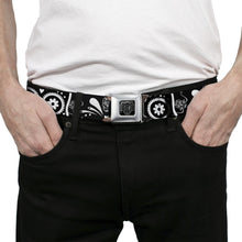 Load image into Gallery viewer, BD Wings Logo CLOSE-UP Full Color Black Silver Seatbelt Belt - Sugar Skulls Black/White Webbing