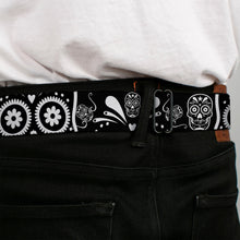 Load image into Gallery viewer, BD Wings Logo CLOSE-UP Full Color Black Silver Seatbelt Belt - Sugar Skulls Black/White Webbing