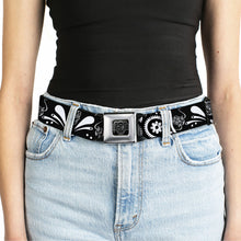 Load image into Gallery viewer, BD Wings Logo CLOSE-UP Full Color Black Silver Seatbelt Belt - Sugar Skulls Black/White Webbing