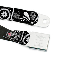 Load image into Gallery viewer, BD Wings Logo CLOSE-UP Full Color Black Silver Seatbelt Belt - Sugar Skulls Black/White Webbing