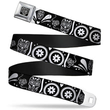 Load image into Gallery viewer, BD Wings Logo CLOSE-UP Full Color Black Silver Seatbelt Belt - Sugar Skulls Black/White Webbing