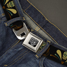 Load image into Gallery viewer, BD Wings Logo CLOSE-UP Full Color Black Silver Seatbelt Belt - Sugar Skulls Black/Olive/Burgundy Webbing