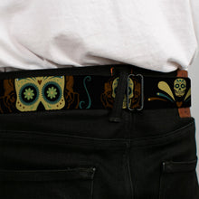 Load image into Gallery viewer, BD Wings Logo CLOSE-UP Full Color Black Silver Seatbelt Belt - Sugar Skulls Black/Olive/Burgundy Webbing