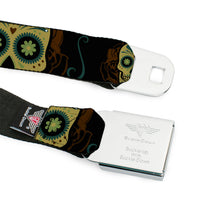 Load image into Gallery viewer, BD Wings Logo CLOSE-UP Full Color Black Silver Seatbelt Belt - Sugar Skulls Black/Olive/Burgundy Webbing