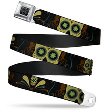 Load image into Gallery viewer, BD Wings Logo CLOSE-UP Full Color Black Silver Seatbelt Belt - Sugar Skulls Black/Olive/Burgundy Webbing