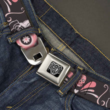 Load image into Gallery viewer, BD Wings Logo CLOSE-UP Full Color Black Silver Seatbelt Belt - Sugar Skulls Gray/Pink Webbing