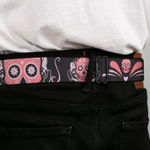 Load image into Gallery viewer, BD Wings Logo CLOSE-UP Full Color Black Silver Seatbelt Belt - Sugar Skulls Gray/Pink Webbing
