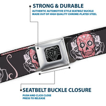 Load image into Gallery viewer, BD Wings Logo CLOSE-UP Full Color Black Silver Seatbelt Belt - Sugar Skulls Gray/Pink Webbing