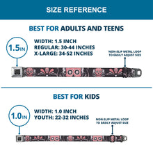Load image into Gallery viewer, BD Wings Logo CLOSE-UP Full Color Black Silver Seatbelt Belt - Sugar Skulls Gray/Pink Webbing