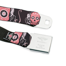 Load image into Gallery viewer, BD Wings Logo CLOSE-UP Full Color Black Silver Seatbelt Belt - Sugar Skulls Gray/Pink Webbing
