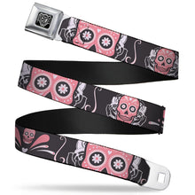 Load image into Gallery viewer, BD Wings Logo CLOSE-UP Full Color Black Silver Seatbelt Belt - Sugar Skulls Gray/Pink Webbing