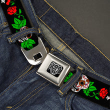 Load image into Gallery viewer, BD Wings Logo CLOSE-UP Full Color Black Silver Seatbelt Belt - Sugar Skull w/Roses &amp; Heart Webbing