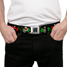 Load image into Gallery viewer, BD Wings Logo CLOSE-UP Full Color Black Silver Seatbelt Belt - Sugar Skull w/Roses &amp; Heart Webbing